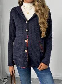 SHEIN Maternity Casual Long Sleeve Single-Breasted Hoodie Jacket - Navy Blue - View 4