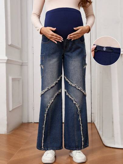 SHEIN Adjustable Waist Maternity Patchwork Fringe Hem Casual Flare Jeans