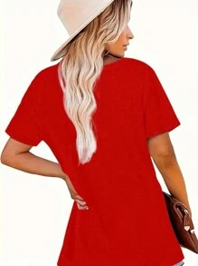 Flirla Plus Size Women Santa Claus Print Crew Neck Short Sleeve Casual T-shirt, Letnie ubrania na Nowy Rok Koszulki graficzne Damskie topy