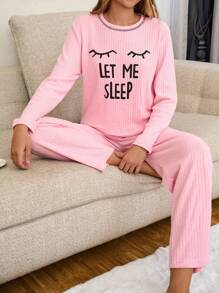 RueChic 100% Cotton 2 Pieces Eye & Slogan Printed With Contrast Stitching Detail Lounge Set - Baby Pink - View 5