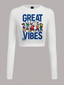 Slaydiva 休闲简约卡通兔子短款圆领长袖紧身女式T恤，适合春秋季节 - 白色 - 查看 2