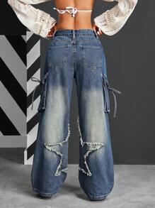 SHEIN PETITE 女士时尚街头纽扣腰带环侧袋磨边牛仔裤