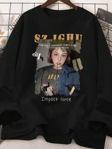 Women's Round Neck Casual Versatile Teenage Long Sleeve Fashionable Printed T-Shirt, Autumn/Winter - Black - View 3