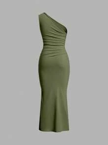SHEIN EZwear Đầm Maxi Đuôi Cá Xếp Ly Tối Giản Vai Bất Đối Xứng Màu Trơn, Thường Ngày - xanh quân đội - Xem 2