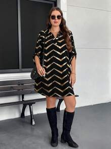 EMERY ROSE Plus Size Fall/Winter Women Clothes Casual Foil Herringbone Pattern Dress/Fall Women Clothes/Party Dress/Fall Dresses/Elegant Dress/Work Dress/Glitter Dress Business Casual Woman Work Dress Business Dress Holiday Outfits Glitter Dress Party Clothing Party Women Dresses Sequin Party Dresses For Women - Black - View 3