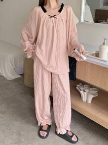 DAZY Women's Loose Pleated Contrast Color Ruffle Long Sleeve Blouse And Pants Pajama Set - Pink - View 3