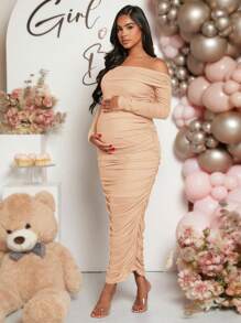 Loomaby Maternity Off Shoulder Long Sleeve Ruched Maxi Casual Dress, For Baby Shower - Apricot - View 5