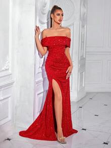 ADYCE Women's Shiny Off Shoulder Pleated Front Slit Party Dress - Red - View 8