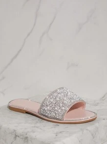 SHUZIA 宽版女式水钻仿珍珠缀饰裸色平底一脚蹬凉鞋 - 时尚奢华舒适新年假期情人节礼物夏季鞋