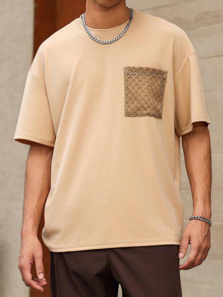 Manfinity Homme Men's Round Neck Short Sleeve Solid Color Patchwork Pocket Casual T-Shirt - Apricot - View 1