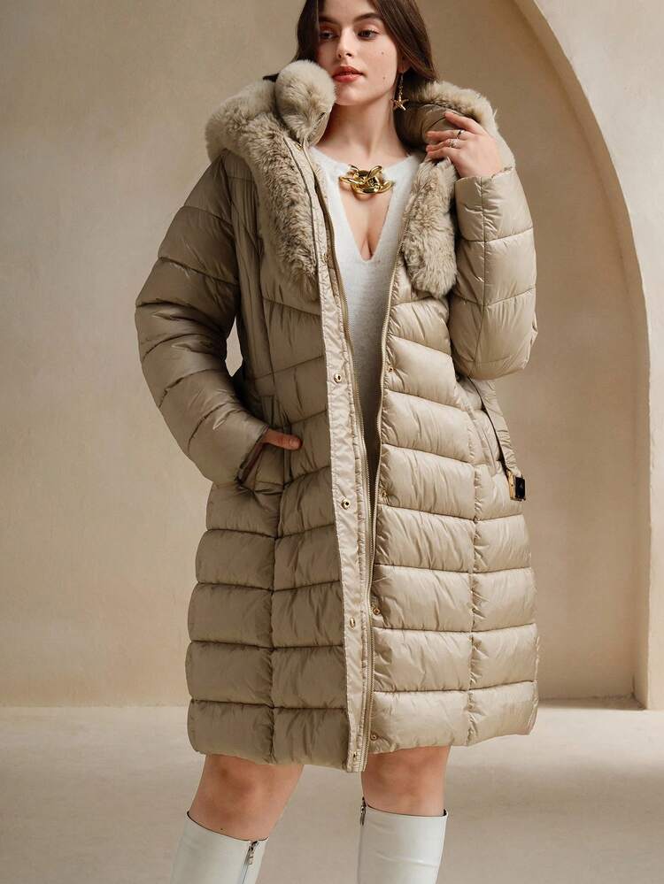 Plus Size Women Fluffy Hooded Belted Long Jacket, Warm And Fitted, For Winter Fall Autumn