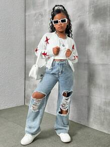 SHEIN Tween Girl  Oversized Loose Star Printed Frayed Edge Knit Short Cardigan - Multicolor - View 4