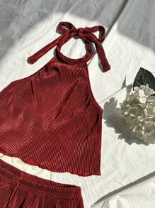 SHEIN Unity 2pcs/Set Women Sexy Backless Halter Crop Top And Shorts, Summer - Burgundy - View 4
