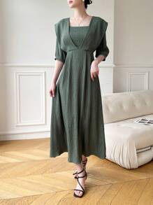 Mulvari Vestido informal largo de mangas medianas y cuello redondo de color liso para mujer