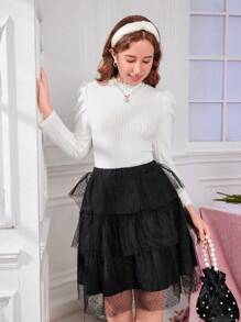 SHEIN 2 件套青少年女孩休闲优雅奢华宫廷风格纯色 T 恤和网眼薄纱裙套装 - 黑與白 - 查看 4