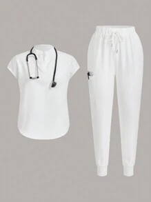 TaskEZ Women Summer Nurse Uniform Scrub Set Jogger Set - Stretchy Top And Multi-Pocket Pants, Nurse Beautician Work Outfit