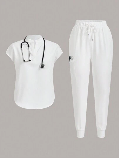 TaskEZ Women Summer Nurse Uniform Scrub Set Jogger Set - Stretchy Top And Multi-Pocket Pants, Nurse Beautician Work Outfit