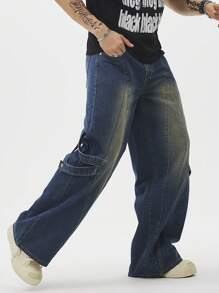 Chillumni Men's Casual Loose Straight Pocket Jeans - Blue - View 3