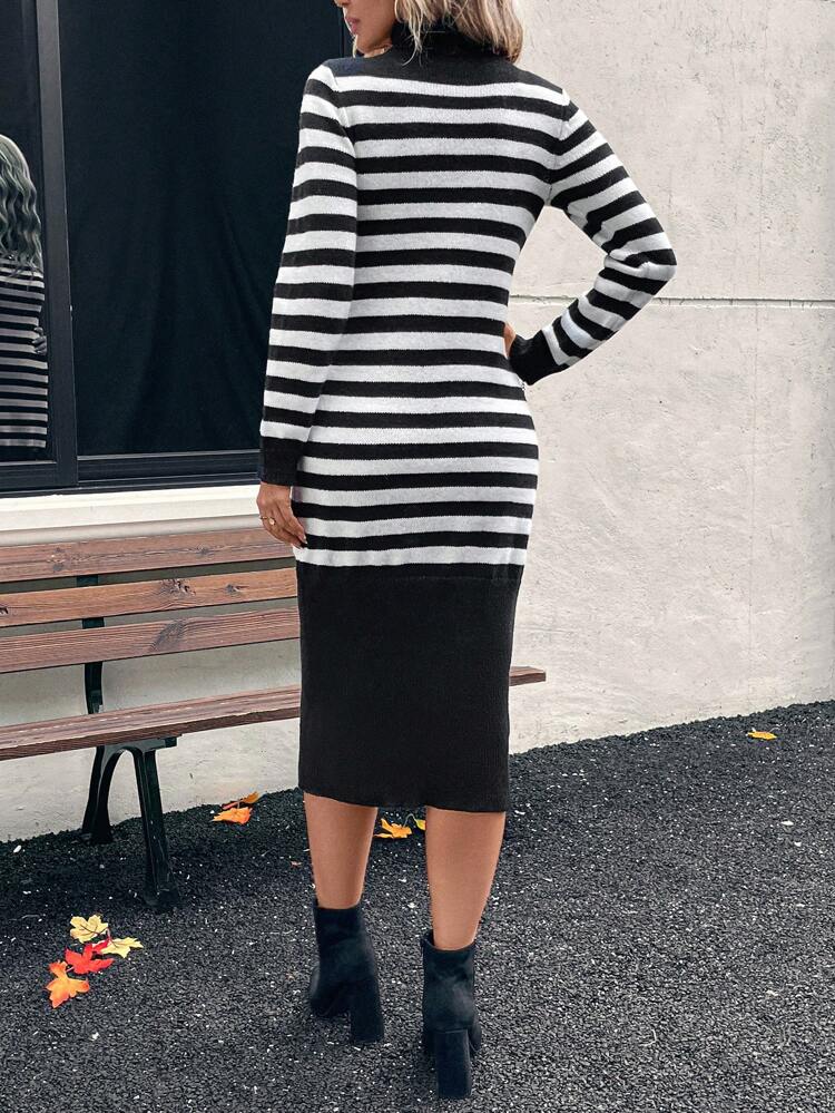 Black & White Striped Turtleneck Fitted Sweater Dress, Autumn/Winter Fall Sweater Dress