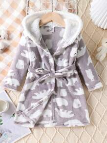 Young Boy Cute Polar Bear Print Hooded Long Sleeve Robe, Warm Sleepwear - Grey - View 5