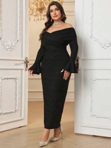 Modelyn Plus Size Women's Elegant Solid Color Off-Shoulder Flared Sleeve Ruched Long Fitted Dress For Spring And Summer Long Evening Dresses - Black - View 4