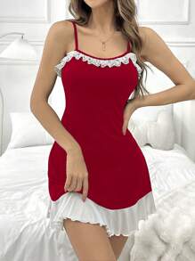 SHEIN 女士无袖荷叶边拼色睡裙，节日季 - 紅白色 - 查看 4