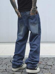 Manfinity EMRG Pantalones vaqueros rectos sueltos de mezclilla casual y versátil con bolsillos desgastados para hombres - Azul - Ver 3