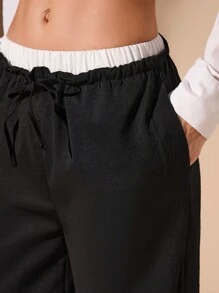 Glamine Contrast Color Waistband Loose Wide Leg Straight Casual Pants For Women Fall Cloth For Women - Black - View 5
