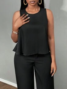 Slaydiva 優雅圓領無袖寬鬆下擺短款上衣直筒裝橙色女裝套裝-C - 黑色 - 查看 3