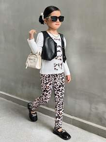 SHEIN Explorewe Toddler Girls 3pcs Set,White Leopard Print Letter Gigot Sleeve T-Shirt,Leopard Print Leggings&Black PU Vest,Casual Outfit Suitable For Autumn,Daily - Multicolor - View 8