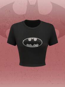 Batman X ROMWE Camiseta corta de manga corta casual con patrón de murciélago de strass, verano - Negro - Ver 2