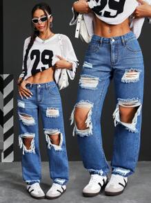 SHEIN PETITE Women's Loose Fit Straight Leg Distressed Pocket Jeans - Blue - View 1