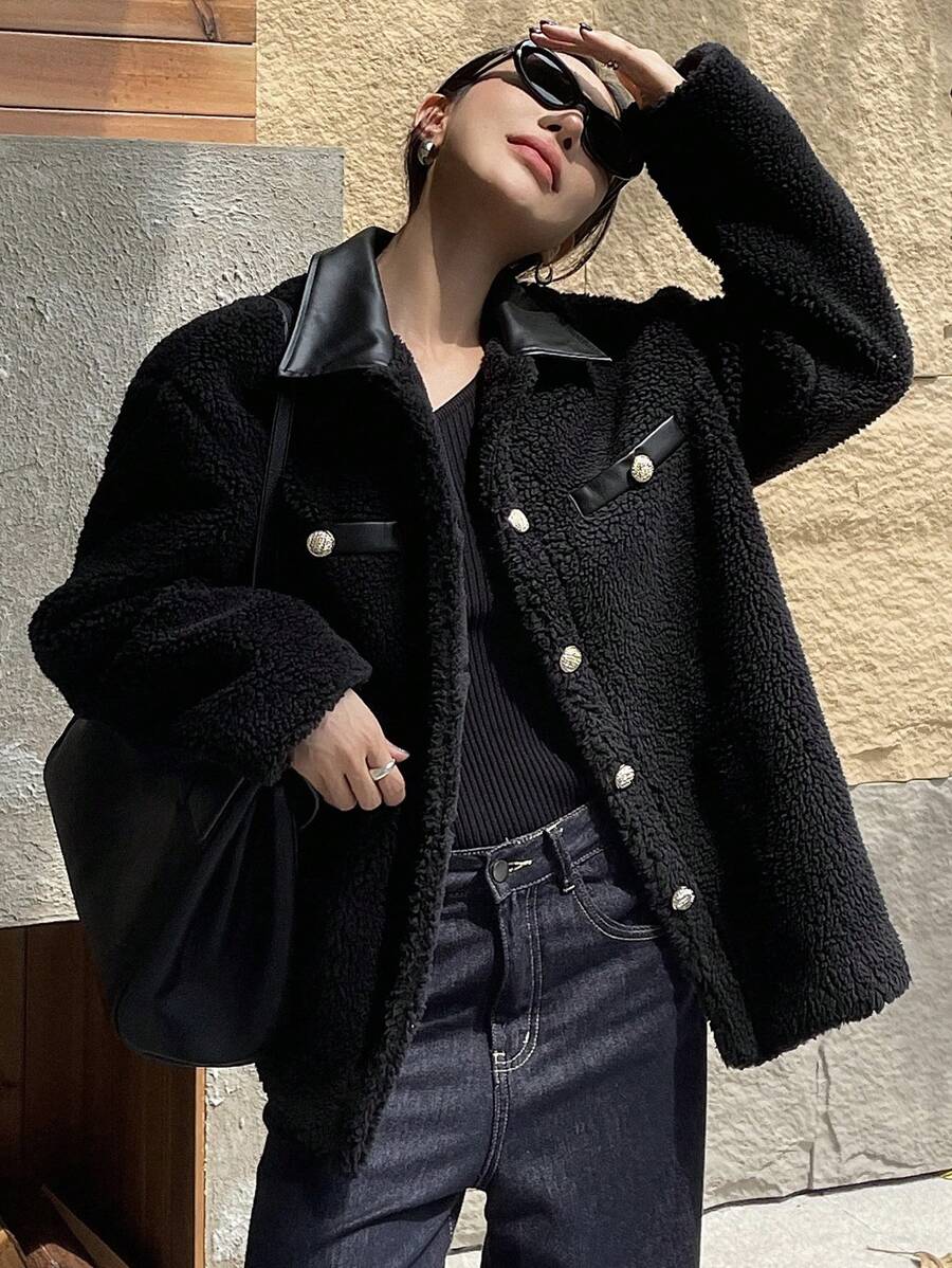 DAZY Women's Solid Color Stitching Thick Warm Regular Coat Winter Business Casual Women Jacket,Fall Women Clothes - Black - View 1