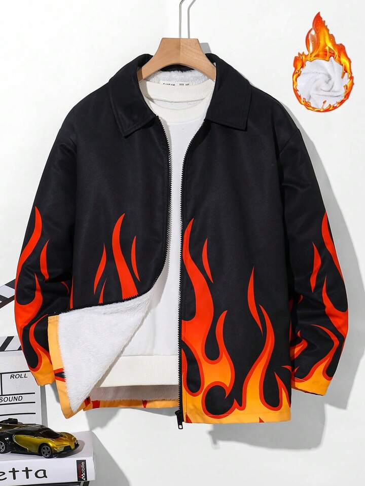 Tween Boy Fluorescent Flame Patterned Fleece Lined Casual Jacket for Sale Australia New Collection Online SHEIN Australia