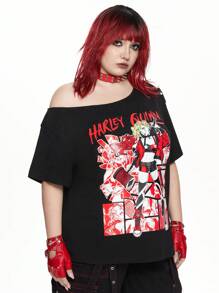 Harley Quinn | ROMWE Áo phông in chữ & nhân vật hoạt hình phong cách Punk tối màu cỡ lớn, mùa hè - màu đen - Xem 1