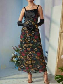 Frida Kahlo X SHEIN X Designer VERO DIAZ Floral & Butterfly Print Ruched Front Cami Dress, Summer, Holiday, Party, Thanksgiving, Birthday Outfits, Festival