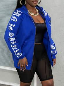 Slaydiva Sudadera con capucha de cremallera frontal con estampado de lema azul oversize - Azul - Ver 3