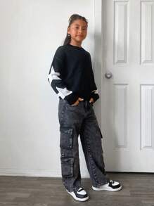 Tween Girl Casual Knitted Crew Neck Long Sleeve Sweater Top With Star Pattern - Black and White - View 5