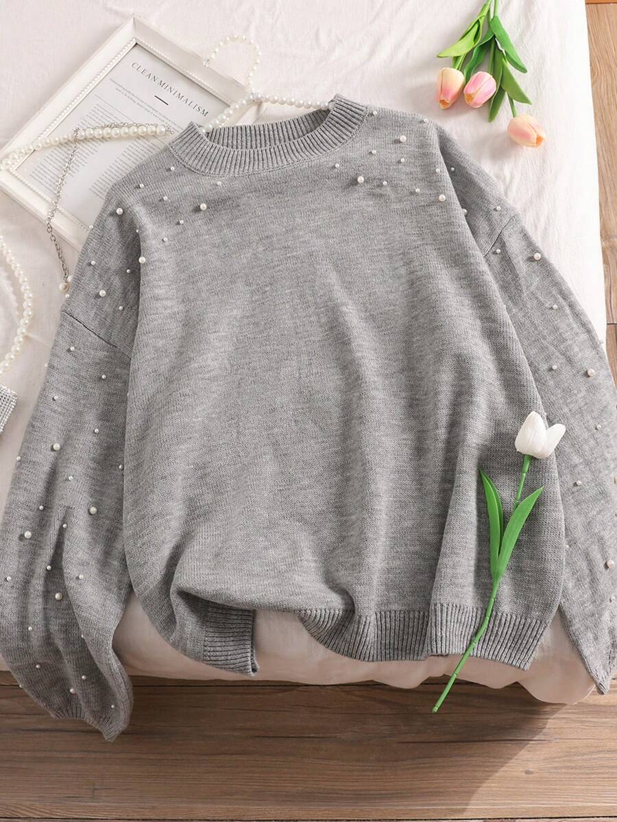SHEIN Essnce Plus Size Women's Autumn And Winter Casual Loose Round Neck Long Sleeve Beaded Gray Pullover Sweater,Fall Women Clothes,Winter Tops,Fall Curv Outfits,Homecoming,Sweater Top - Grey - View 1