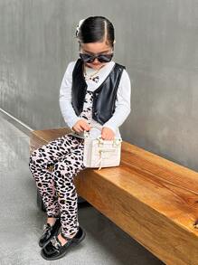 SHEIN Explorewe Toddler Girls 3pcs Set,White Leopard Print Letter Gigot Sleeve T-Shirt,Leopard Print Leggings&Black PU Vest,Casual Outfit Suitable For Autumn,Daily - Multicolor - View 4