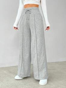 SHEIN PETITE Solid Drawstring Waist Wide Leg Sweatpants Graduation,Back To School Outfits,Graduation,Teacher Outfits For Women,Back To School - Grey - View 6