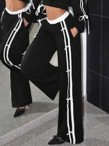 SHEIN ICON Women's Y2k Sporty Casual Going Out Fall Outfits Black Low-Rise Two-Tone Bow Wide Leg Sweatpants - Black - View 4
