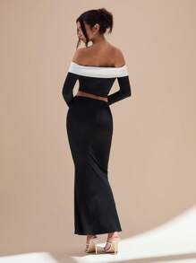 Glamine 2pcs Retro Black&White Off Shoulder Bodycon Fishtail Skirt Set - Black - View 2