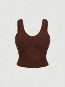 SHEIN MOD Coffee Brown Cable Hem Sweetheart Neck Sleeveless Plus Size Women Knit Top - Coffee Brown - View 1
