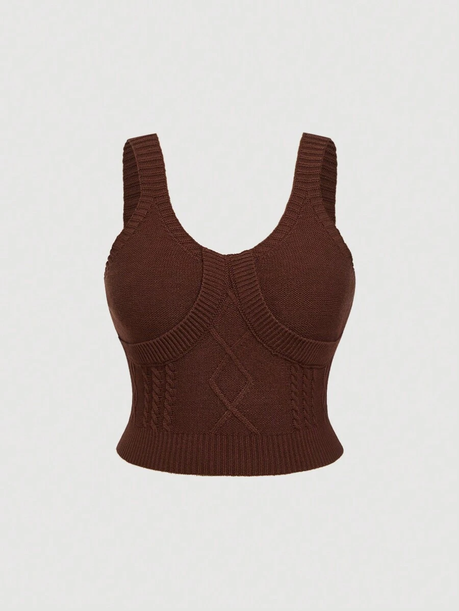 SHEIN MOD Coffee Brown Cable Hem Sweetheart Neck Sleeveless Plus Size Women Knit Top - Coffee Brown - View 1