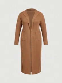SHEIN MOD Plus Size Hooded Cardigan For Women, Mid-Length, Relaxed Fit, Brown Cardigans In Women - Khaki - View 1