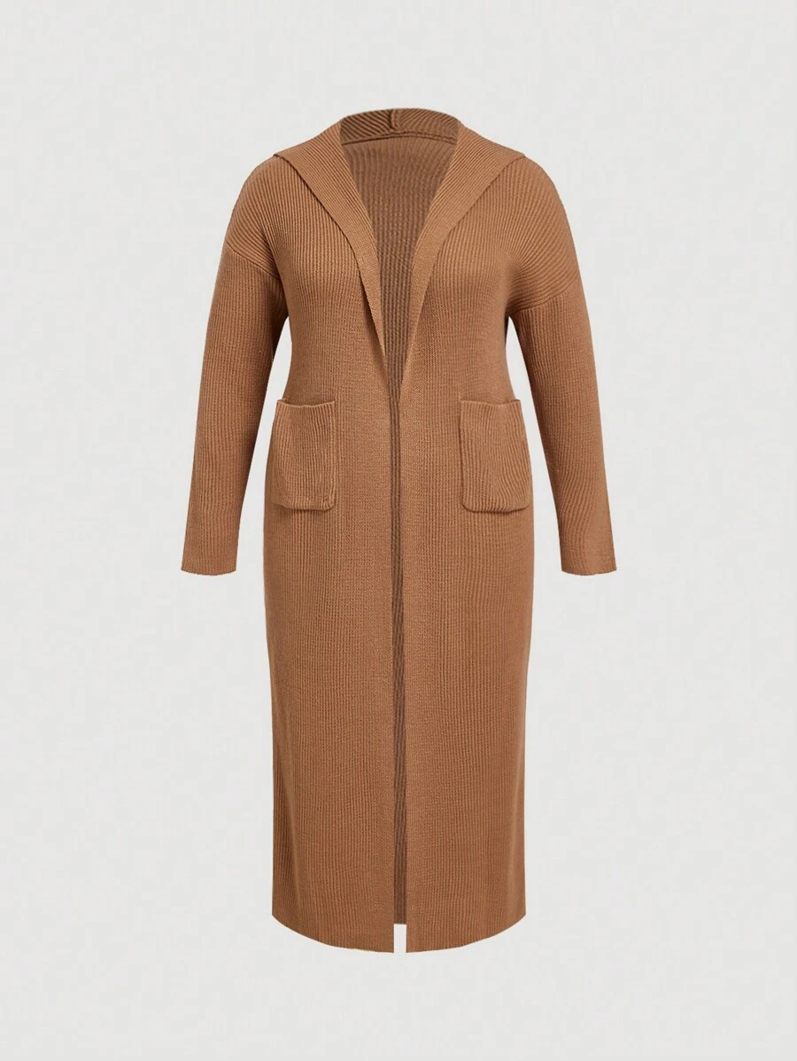 SHEIN MOD Plus Size Hooded Cardigan For Women, Mid-Length, Relaxed Fit, Brown Cardigans In Women - Khaki - View 1