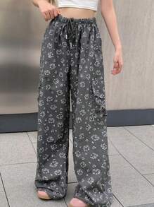 DAZY Quần Cargo Cinched Waist Cinched Floral Ditsy dành cho nữ - Xám - Xem 4