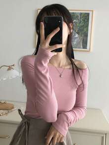 DAZY Women Solid Color Off-Shoulder Long Sleeve T-Shirt - Grey - View 5