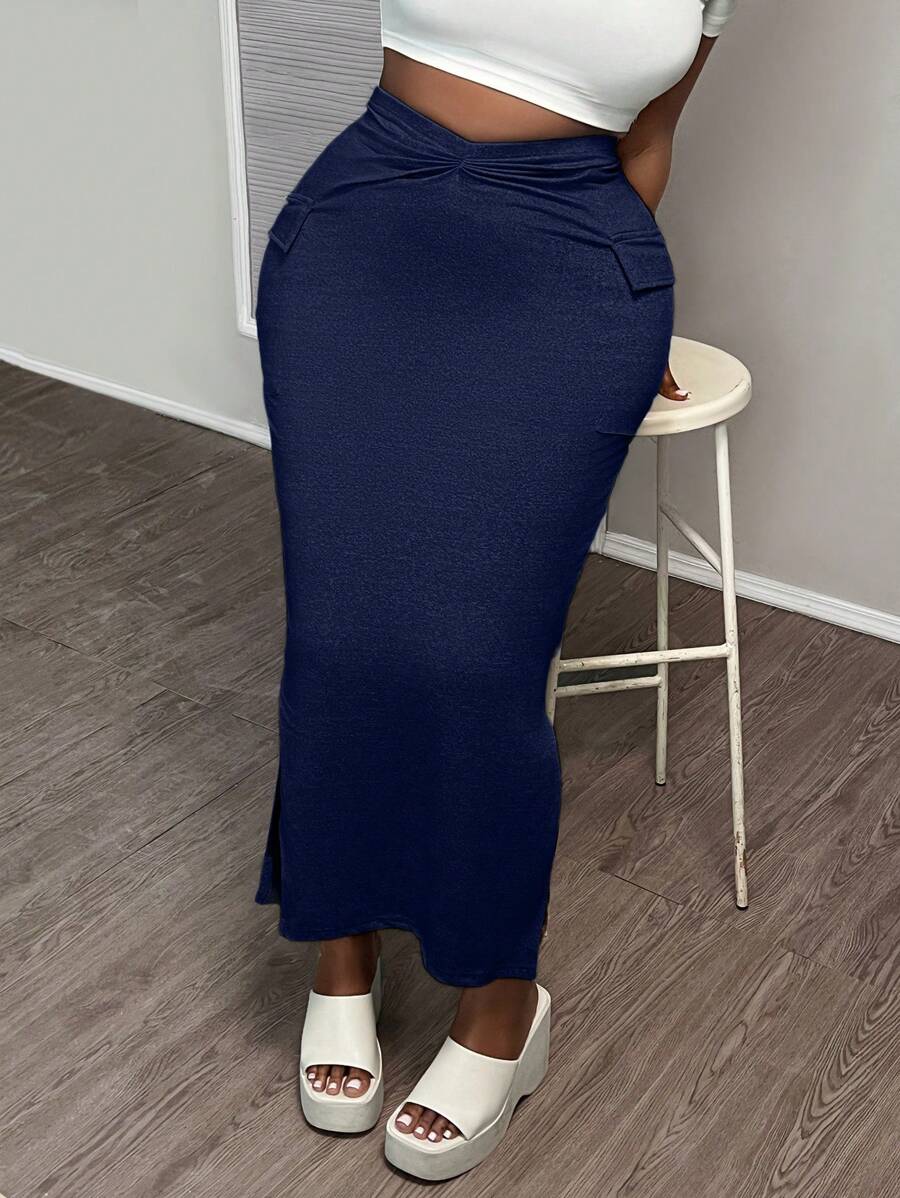 Slaydiva 大码女式春季休闲修身灰色花卉印花长款 A 字裙，带前褶、侧袋和开衩 - 藍色 - 查看 1